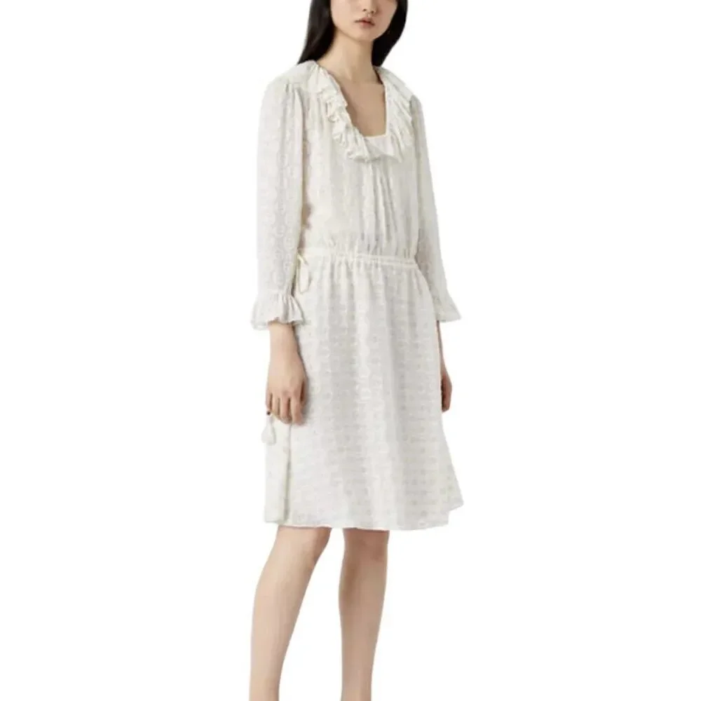 NEW Tory Burch Jasmine Metallic Ruffle Dress Silk Blend Ivory Tassel Tie Waist